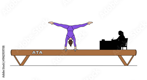 Female gymnast performing handstand on balance beam with coach watching closely