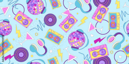 Colorful seamless retro pattern of 80s-90s with disco and music elements.  Disco banner.  Memphis style background. Vector illustration