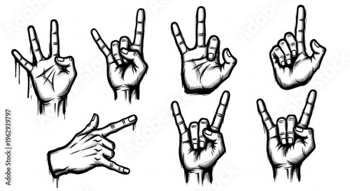 Urban Graffiti Hand Signs and Gestures Vector Illustration Sheet in Black Ink Grunge Punk Street Art Style