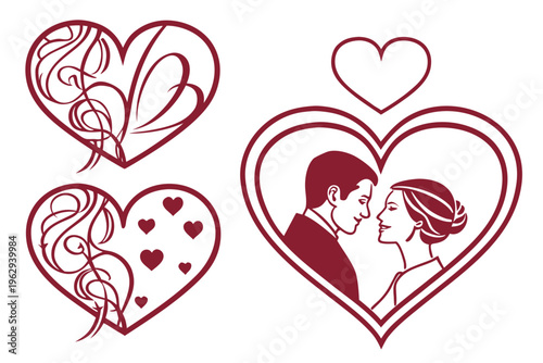 A couple in love surrounded by heart shapes