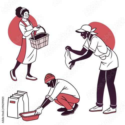 People collecting and sorting food