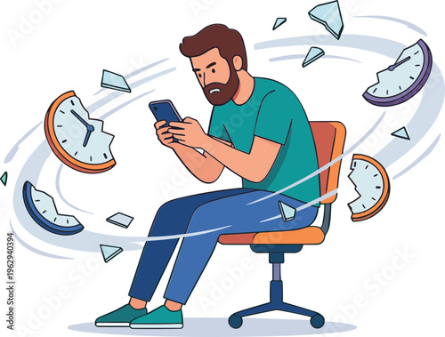 A man sits on an office chair, surrounded by flying clocks while looking at his smartphone.