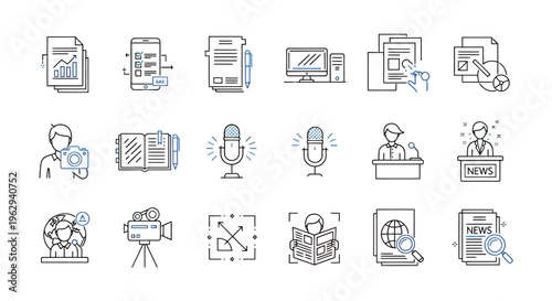 Collection of blue line icons depicting people, devices, and office activities in a business and technology theme.