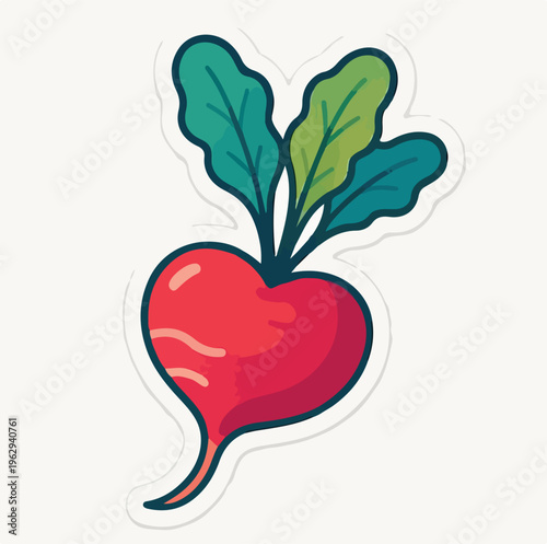 Brightly colored stylized illustration of a single red root vegetable radish featuring green leaves sticker design