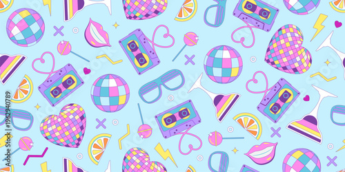 Colorful seamless retro pattern of 80s-90s with disco and music elements.  Disco banner.  Memphis style background. Vector illustration