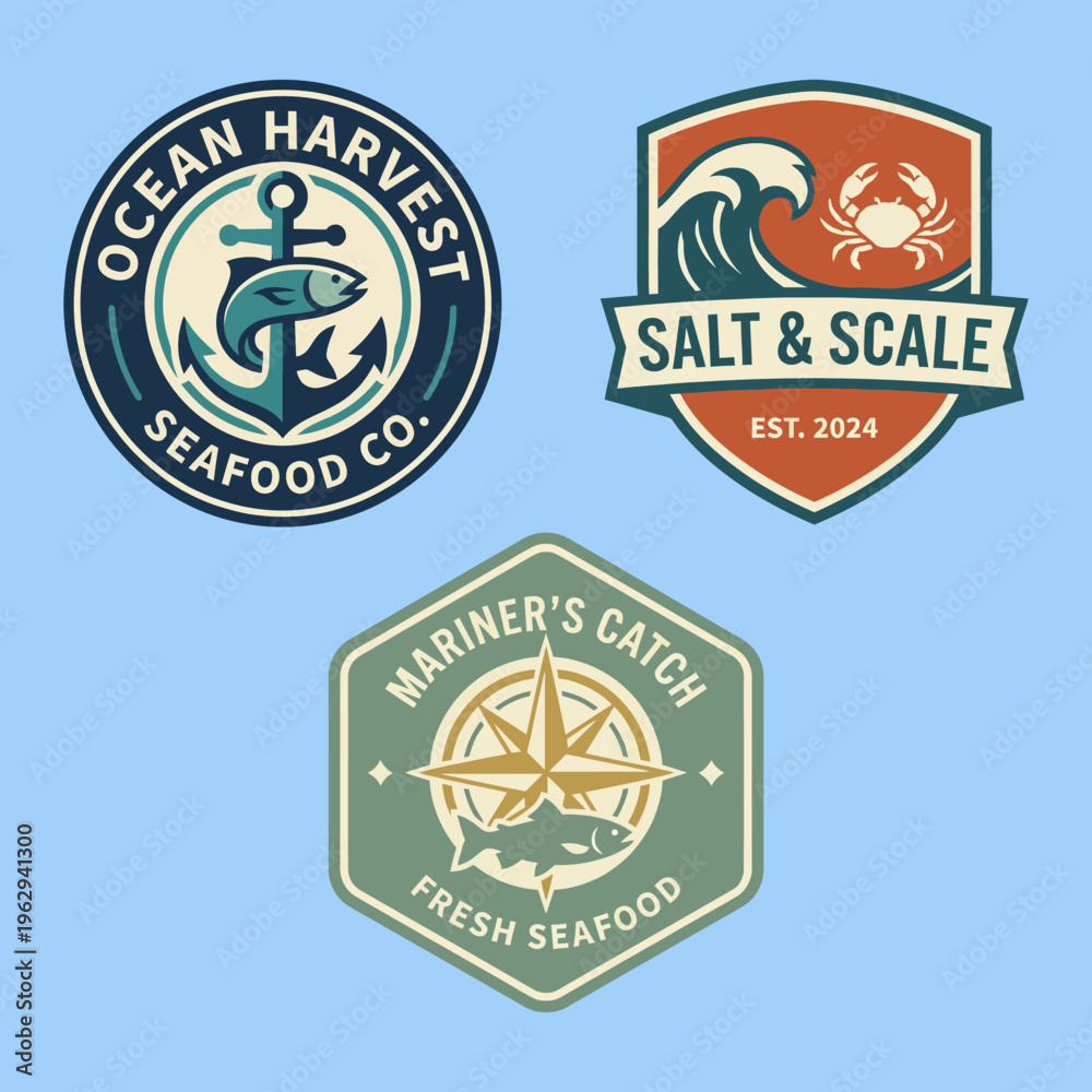 Fototapeta premium A vibrant trio of logos representing Ocean Harvest Seafood Co. and related brands, featuring nautical elements and seafood imagery showcasing the freshness and quality of seafood.