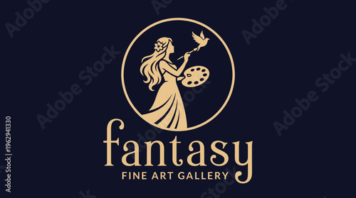 This elegant logo for Fantasy Fine Art Gallery features a woman painting with a bird, embodying creativity, beauty, and artistic expression in the world of art galleries.