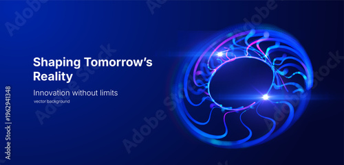 Abstract technology vector background with luminous curved lines forming dynamic structure on blue background. Concept for big data research, artificial intelligence, digital network, data processing.