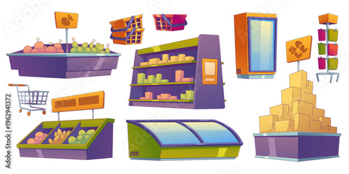 Shelves and showcases in supermarket, grocery shop