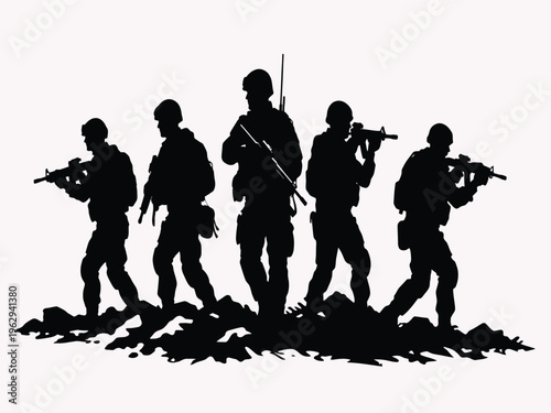Print  Military Patrol Silhouette Vector – Armed Soldiers Walking on Rough Terrain, Tactical Gear War Security Illustration Isolated on White Background