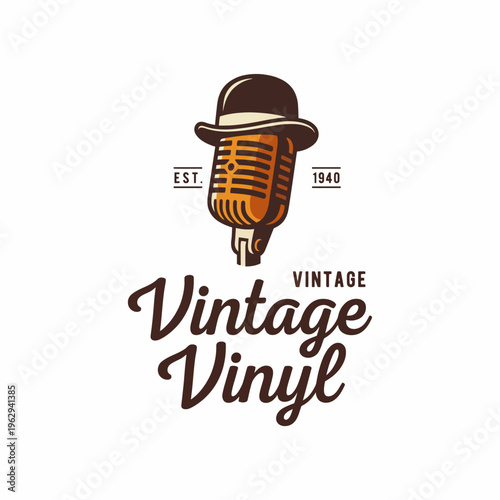 This vintage logo features a classic microphone and top hat, representing the golden age of music and vinyl. Perfect for record labels, music shops or retro-themed events.
