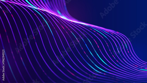Abstract technology vector background with luminous curved lines forming dynamic structure on blue background. Concept for big data research, artificial intelligence, digital network, data processing.