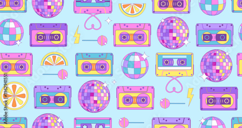 Retro seamless  pattern of 80s-90s with different colorful audio cassettes, disco ball and chupa chups. Vector illustration