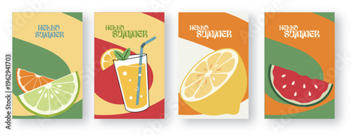 Hello Summer retro posters summer drink citrus fruit lemon watermelon orange lime refreshing beverage abstract design vibrant colors advertisement social media template