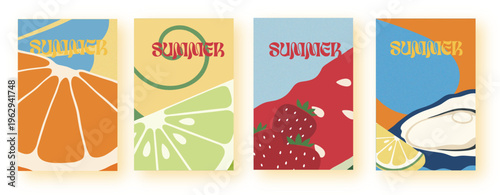 Summer fruit poster set modern art abstract style orange lime strawberry oyster for beach party banner background minimal vacation advertisement social media stories