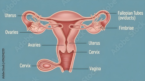 Detailed frontal illustration of the female reproductive system with uterus, cervix, vagina, paired ovaries and fallopian tubes with fimbriae, clearly labeling major organs to explain the pathway for 