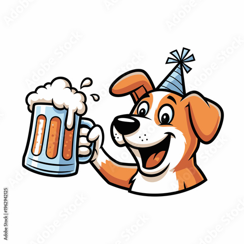 Happy dog cartoon character celebrating with a beer mug.