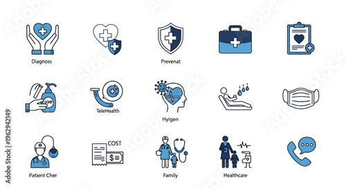 Collection of medical and safety icons featuring doctor, nurse, stethoscope, mask, shield and hospital imagery in a cohesive vector set.