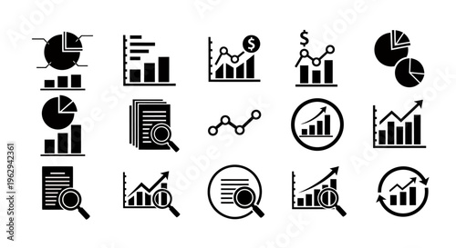 Collection of business analytics icons showcasing charts, dashboards, and reports for data visualization.