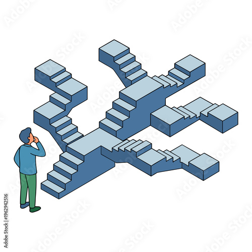 A man stands beside a complex maze of stairs looking puzzled.