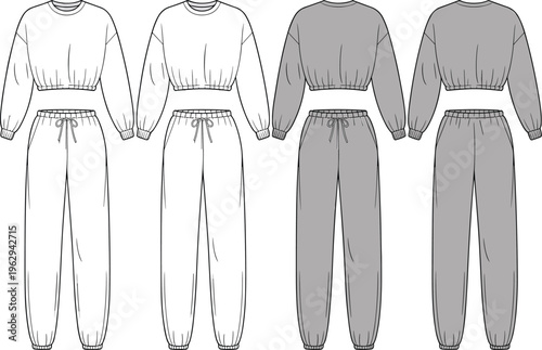 Women casual tracksuit vector technical drawing with cropped sweatshirt and drawstring joggers front and back view isolated on white background for fashion