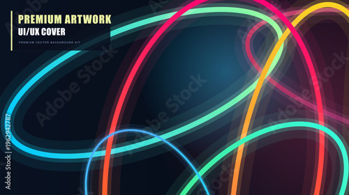 Futuristic neon light trails on dark background, premium artwork UI UX cover with glowing colorful curved lines, abstract digital technology wallpaper for web design and landing pages