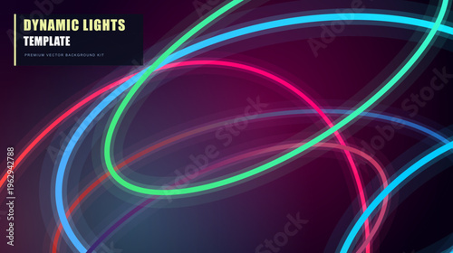Dynamic lights template with glowing neon swirls, abstract futuristic background with colorful light trails, vibrant energy wave vector illustration for digital marketing banners