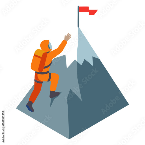 Climber reaching summit with flag on mountain peak illustration