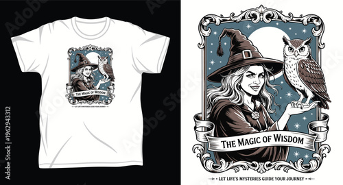 The magic of wisdom witch and owl t-shirt design concept for halloween