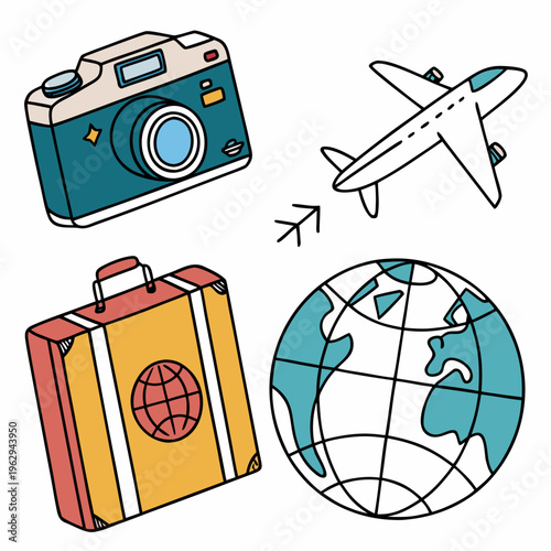 Travel icons with camera, airplane, suitcase and globe