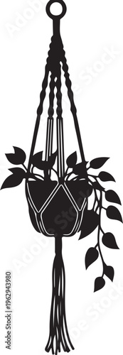 Black hanging plant pot with macrame hanger and leafy plant