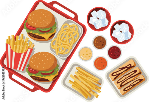 Fast food combo set with burgers, french fries, onion rings, dipping sauces, and dessert, vector