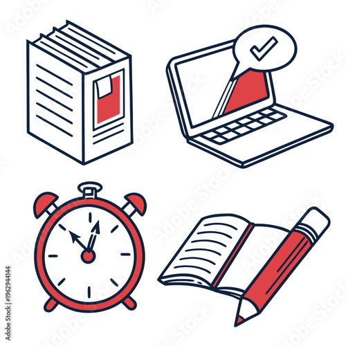 Icons of a book, laptop, alarm clock and pencil