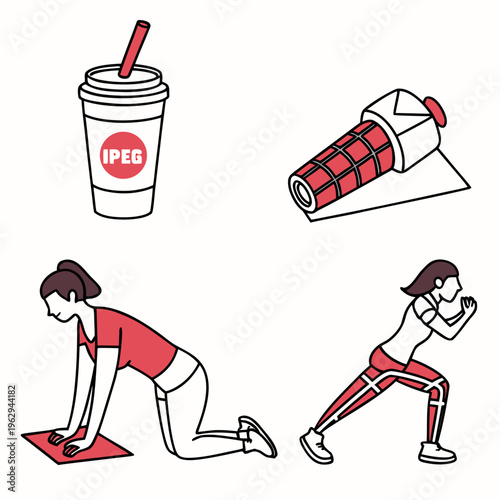 Woman stretching with yoga mat drink and towel