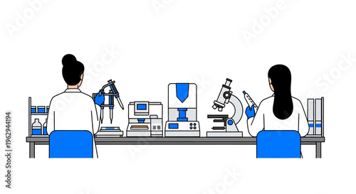 Two female scientists conducting research in a modern laboratory with high-tech equipment and microscope, flat vector illustration.