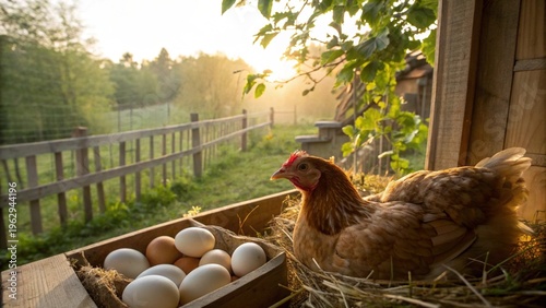 Wallpaper Mural A Hen Caring for Her Freshly Laid Eggs in a Rustic Coop Torontodigital.ca