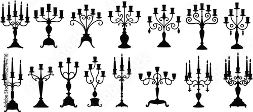 Elegant candelabra silhouette collection vintage candle holders decorative antique chandelier style black vector illustration isolated ornate classic design set