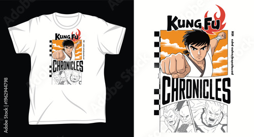 Kung fu chronicles martial arts character illustration with comic book style panels