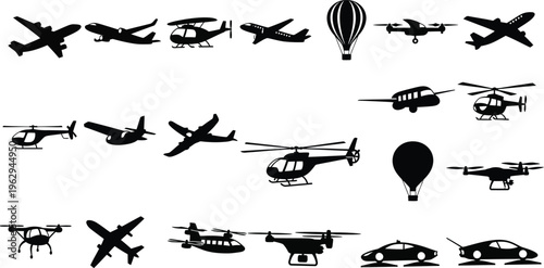 Collection of various aircraft and vehicle silhouettes