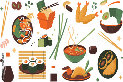 Japanese and Asian food vector set with sushi, ramen, tempura, noodles, and soy sauce icons