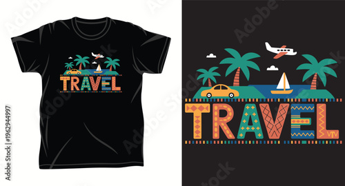 Summer travel vacation illustration with palm trees car airplane and sailboat icons