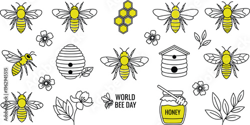 Bee silhouette illustrations isolated on transparent background