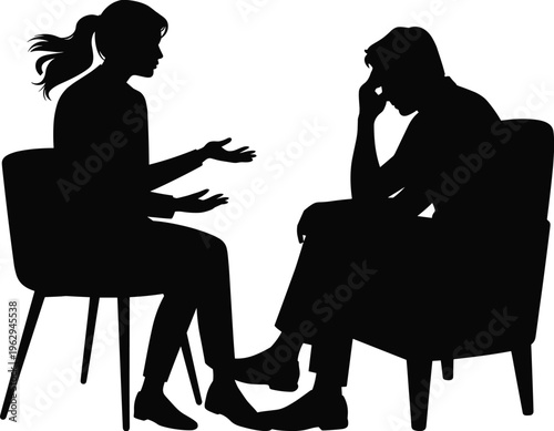 Psychologist and patient counseling silhouette therapy session mental health support conversation vector illustration isolated psychology concept design