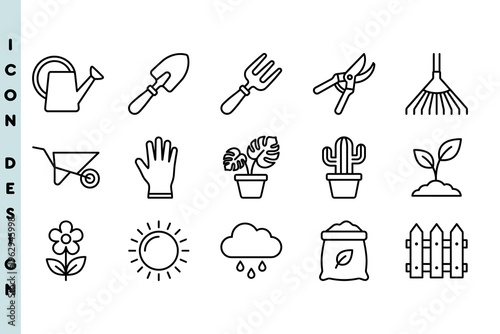 Set of icons for gardening tools and outdoor plant care. Includes watering can, shovel, garden fork, shears, wheelbarrow, and various potted plant symbols. Linear vector design.