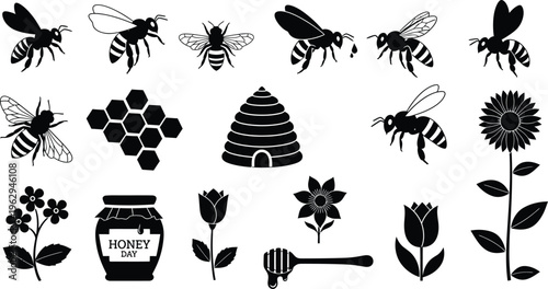 Silhouette of bees and flowers isolated on transparent background