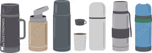 Thermos flask set insulated bottle collection hot drink container travel mug vector illustration kitchen beverage equipment isolated modern design