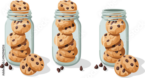 Chocolate chip cookies in glass jars with loose biscuits and chips, sweet bakery vector set