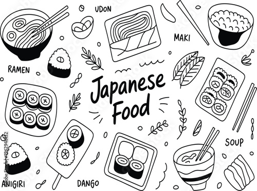 Hand drawn Japanese food set featuring ramen, onigiri, maki, udon, soup, and dango, vector doodle