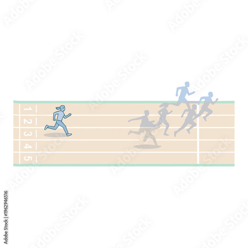 Athletes competing in a sprint event on a track field with lanes and runners