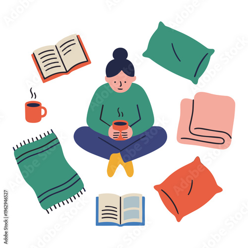 A woman sits cross-legged on the floor surrounded by blankets and books reading while holding a mug.